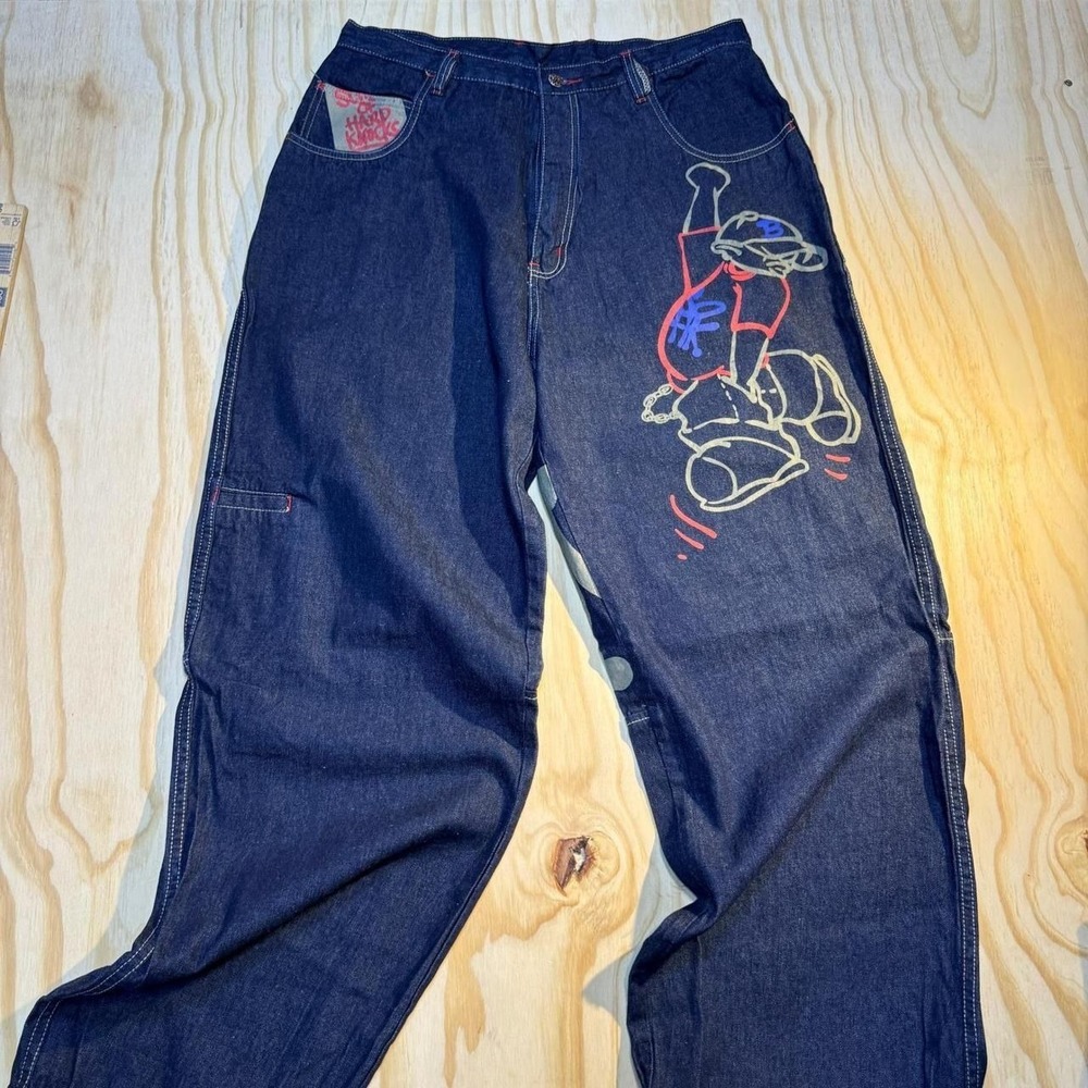 School of Hard Knocks SOHK Baggy Jeans Blue Graffiti Hip Hop Mens 36 Vintage 90s